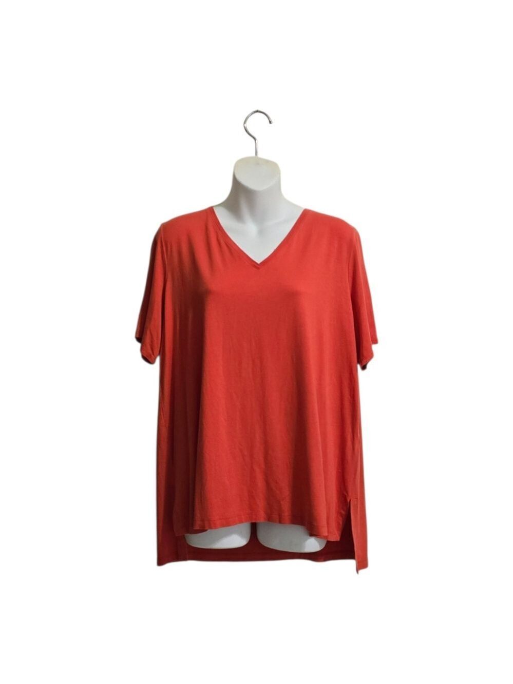 Eileen Fisher High-Low V-Neck Tencel T-Shirt In Red Lory Sz L